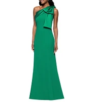 Betsy & Adam Satin Bow One Shoulder Scuba Crepe Sleeveless Mermaid Gown