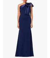 Betsy & Adam Satin Bow One Shoulder Scuba Crepe Sleeveless Mermaid Gown