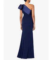 Betsy & Adam Satin Bow One Shoulder Scuba Crepe Sleeveless Mermaid Gown