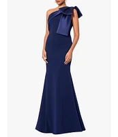 Betsy & Adam Satin Bow One Shoulder Scuba Crepe Sleeveless Mermaid Gown