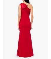 Betsy & Adam Satin Bow One Shoulder Scuba Crepe Sleeveless Mermaid Gown