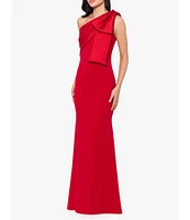 Betsy & Adam Satin Bow One Shoulder Scuba Crepe Sleeveless Mermaid Gown