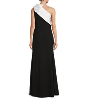 Betsy & Adam Satin Bow One Shoulder Scuba Crepe Sleeveless Mermaid Gown