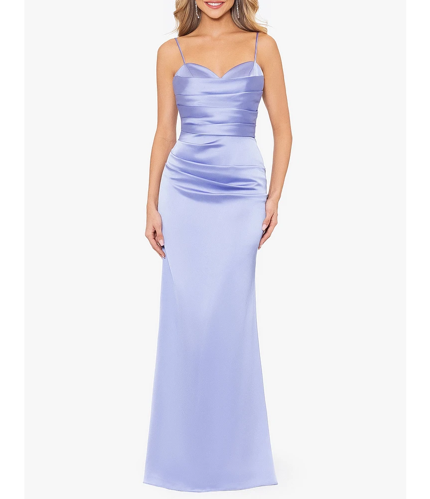 Betsy & Adam Satin Sweetheart Neckline Sleeveless Ruched Gown