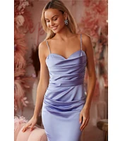 Betsy & Adam Satin Sweetheart Neckline Sleeveless Ruched Gown