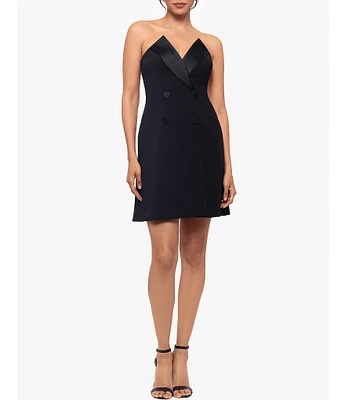 Betsy & Adam Scuba Crepe Lamour Pointed V-Neck Strapless Tuxedo Mini Dress