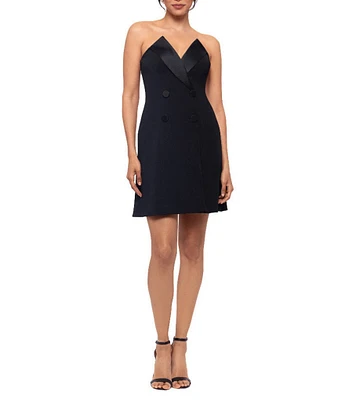 Betsy & Adam Scuba Crepe Lamour Pointed V-Neck Strapless Tuxedo Mini Dress