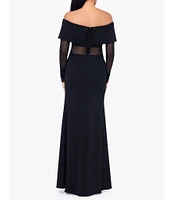 Betsy & Adam Scuba Crepe Off The Shoulder Neck Mesh Long Sleeve Gown