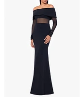 Betsy & Adam Scuba Crepe Off The Shoulder Neck Mesh Long Sleeve Gown