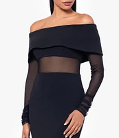 Betsy & Adam Scuba Crepe Off The Shoulder Neck Mesh Long Sleeve Gown