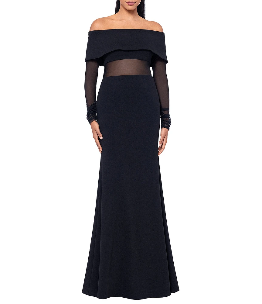 Betsy & Adam Scuba Crepe Off The Shoulder Neck Mesh Long Sleeve Gown