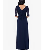 Betsy & Adam Sequin Lace V-Neck 3/4 Sleeve Gown