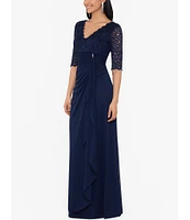 Betsy & Adam Sequin Lace V-Neck 3/4 Sleeve Gown