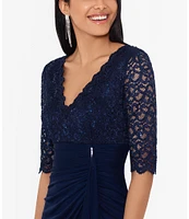 Betsy & Adam Sequin Lace V-Neck 3/4 Sleeve Gown