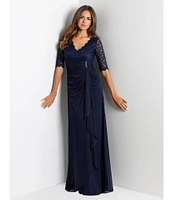 Betsy & Adam Sequin Lace V-Neck 3/4 Sleeve Gown