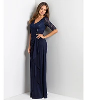 Betsy & Adam Sequin Lace V-Neck 3/4 Sleeve Gown