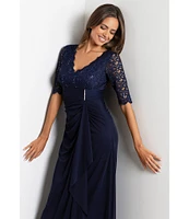 Betsy & Adam Sequin Lace V-Neck 3/4 Sleeve Gown