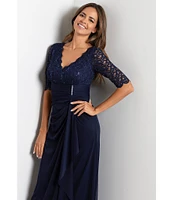 Betsy & Adam Sequin Lace V-Neck 3/4 Sleeve Gown