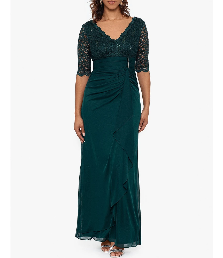 Betsy & Adam Sequin Lace V-Neck 3/4 Sleeve Gown