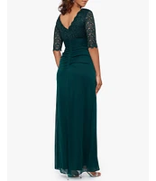 Betsy & Adam Sequin Lace V-Neck 3/4 Sleeve Gown