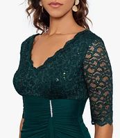 Betsy & Adam Sequin Lace V-Neck 3/4 Sleeve Gown