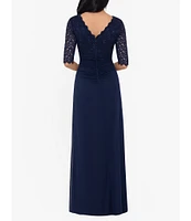 Betsy & Adam Sequin Lace V-Neck 3/4 Sleeve Gown