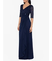 Betsy & Adam Sequin Lace V-Neck 3/4 Sleeve Gown