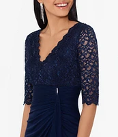 Betsy & Adam Sequin Lace V-Neck 3/4 Sleeve Gown