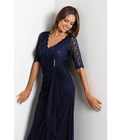 Betsy & Adam Sequin Lace V-Neck 3/4 Sleeve Gown