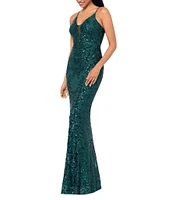 Betsy & Adam Sequin Mesh V-Neck Sleeveless Spaghetti Strap Illusion Sheath Dress