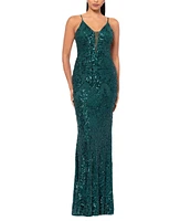 Betsy & Adam Sequin Mesh V-Neck Sleeveless Spaghetti Strap Illusion Sheath Dress