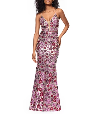 Betsy & Adam Sequin V-Neck Sleeveless Spaghetti Straps Embroidered Floral Sheath Dress