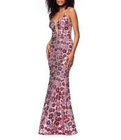 Betsy & Adam Sequin V-Neck Sleeveless Spaghetti Straps Embroidered Floral Sheath Dress