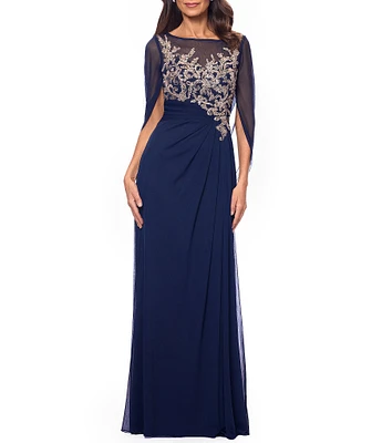 Betsy & Adam Sheer Matte Jersey Boat Neck Short Sleeve Beaded Back Cape Sheath Dress