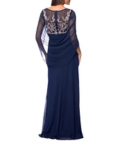 Betsy & Adam Sheer Matte Jersey Boat Neck Short Sleeve Beaded Back Cape Sheath Dress