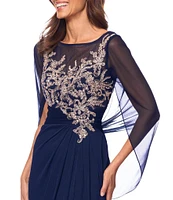 Betsy & Adam Sheer Matte Jersey Boat Neck Short Sleeve Beaded Back Cape Sheath Dress