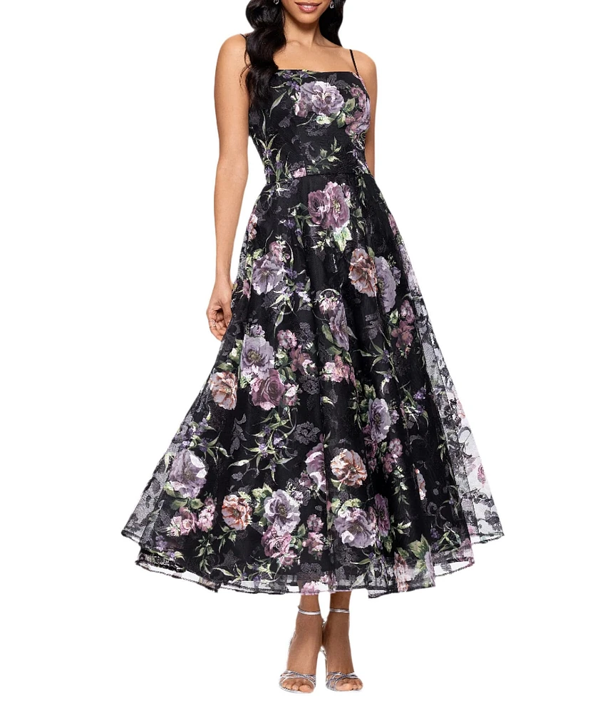 Betsy & Adam Square Neck Floral Print Embroidered Mesh Fit & Flare Midi Dress