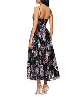 Betsy & Adam Square Neck Floral Print Embroidered Mesh Fit & Flare Midi Dress