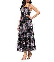 Betsy & Adam Square Neck Floral Print Embroidered Mesh Fit & Flare Midi Dress
