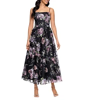 Betsy & Adam Square Neck Floral Print Embroidered Mesh Fit & Flare Midi Dress