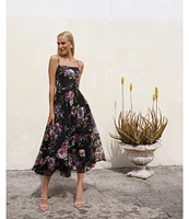 Betsy & Adam Square Neck Floral Print Embroidered Mesh Fit & Flare Midi Dress