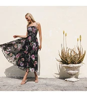 Betsy & Adam Square Neck Floral Print Embroidered Mesh Fit & Flare Midi Dress
