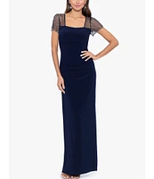 Betsy & Adam Square Neck Short Beaded Sleeve Open Back Gown