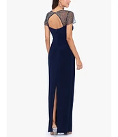 Betsy & Adam Square Neck Short Beaded Sleeve Open Back Gown