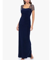 Betsy & Adam Square Neck Short Beaded Sleeve Open Back Gown