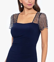 Betsy & Adam Square Neck Short Beaded Sleeve Open Back Gown