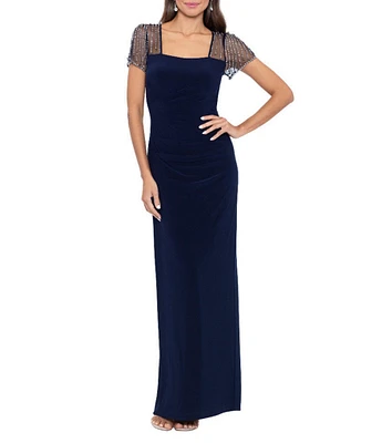 Betsy & Adam Square Neck Short Beaded Sleeve Open Back Gown
