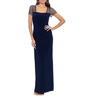 Betsy & Adam Square Neck Short Beaded Sleeve Open Back Gown