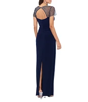 Betsy & Adam Square Neck Short Beaded Sleeve Open Back Gown