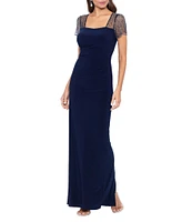 Betsy & Adam Square Neck Short Beaded Sleeve Open Back Gown